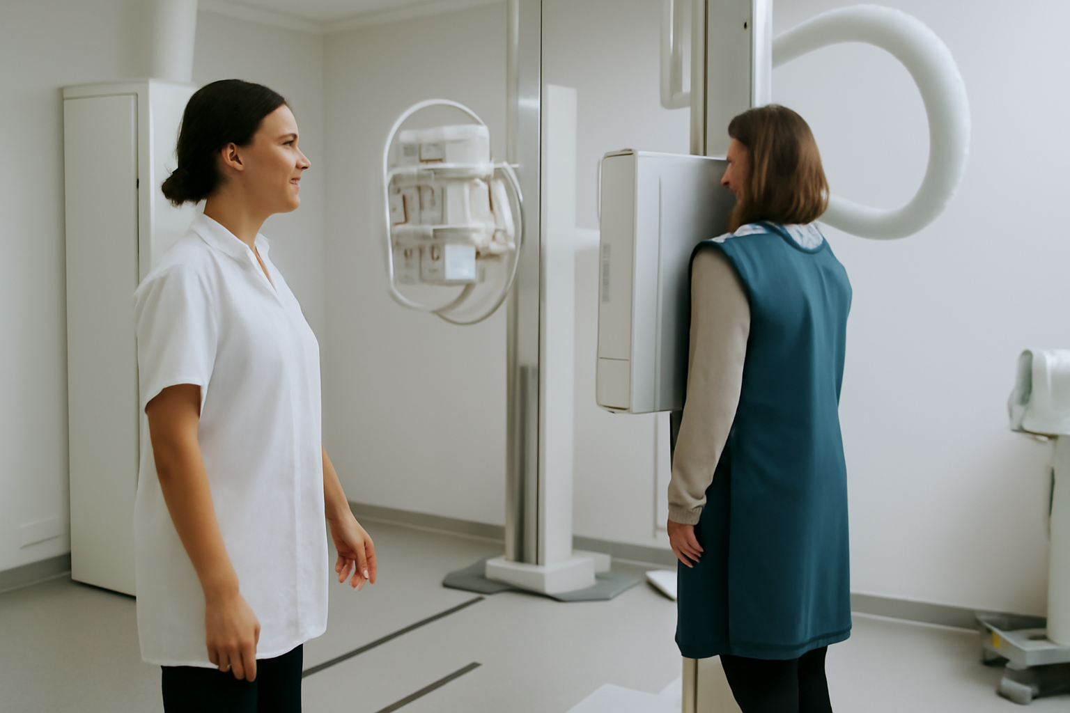 Radiographie en salle de radiologie : patient positionné pour une prise de vue aux rayons X